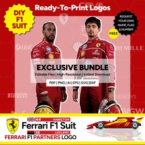 May include: A digital graphic featuring two Formula 1 drivers in red Ferrari suits, with helmets. The text reads "EXCLUSIVE BUNDLE" and "Ferrari F1 Suit." Includes editable files in PDF, PNG, AI, EPS, SVG, and DXF formats. The image also includes the text "Ready-To-Print Logos."