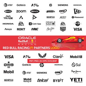 May include: A graphic featuring logos of various companies, including AT&T, Honda, and Visa. The image also includes the Red Bull Racing F1 Partners logo with a red race car. The logos are in black and white, with a red banner.