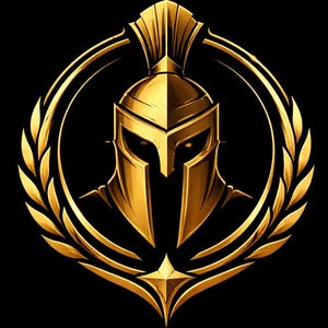 Puede incluir: Ilustración dorada de un casco espartano sobre fondo negro. El casco está rodeado por una corona de laurel y un elemento en forma de estrella. El diseño tiene un aspecto metálico pulido con sombreado detallado.