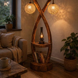 Puede incluir: Lámpara de pie rústica con estructura de madera y dos pantallas esféricas tejidas. Incluye una estantería con libros y una lámpara de aceite. El diseño incorpora detalles de cuerda y una estética natural y cálida, ideal para la decoración del hogar.