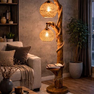 May include: A wooden floor lamp with two spherical woven shades. The lamp has a natural, rustic design with rope detailing and a small shelf. The warm light creates a cosy atmosphere in a living room.