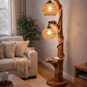 55 Inch Handmade Rustic Wooden Floor Lamp with Rope, Boho Standing Lighting