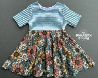 Retro Sunflowers Twirl Dress. Baby Girl. Handmade Cotton Knit Dress. Made in the USA. 2T
