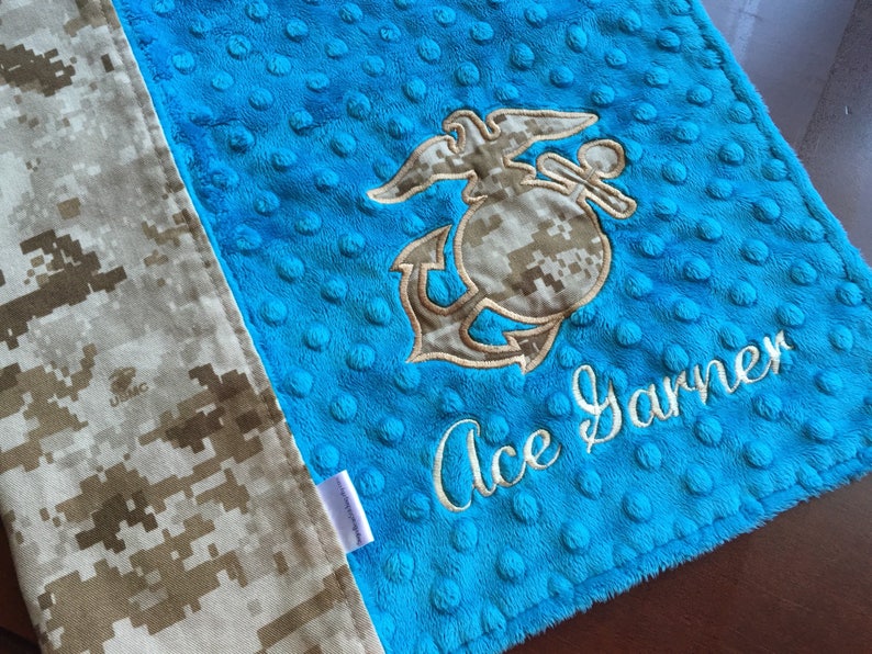 The Original Create Your Own Monogrammed USMC Baby Lovey with Camo EGA. 17 Minky Security Blanket. topaz