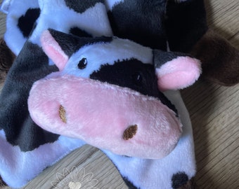 Cow Lovey. Minky  14" long lovey blanket. Gender Neutral Cow Doll. Farm Nursery. Optional Monogramming