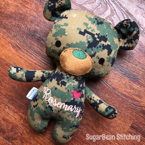 Monogrammed USMC Bear Plush. Desert or Woodland Camouflage. Deployment Doll.