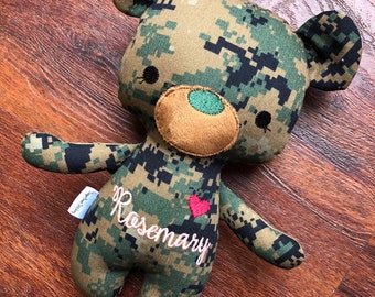 Monogrammed USMC Bear Plush. Desert or Woodland Camouflage. Deployment Doll.