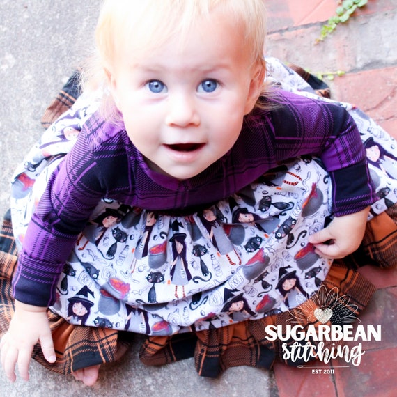 Plaid Sweet Witches Ruffle Dress. Halloween Baby Girl. Handmade Cotton Knit Dress. Made in the USA