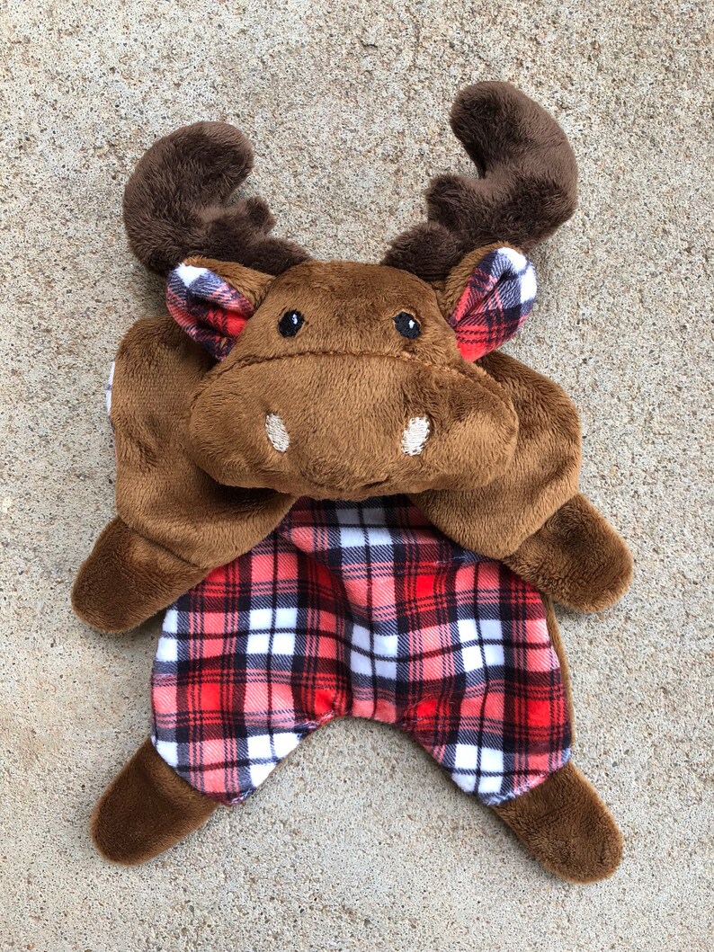 Plaid Moose Lovey. Minky 14 long lovey blanket. Gender Neutral Moose Doll. Buffalo Plaid Nursery. Optional Monogramming image 2