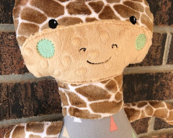 Monogrammed Minky Giraffe Plush. Gray, Coral & Mint. Minky and Cotton Gender Neutral Baby Gift. 21" tall stuffed doll. Giraffe Doll.