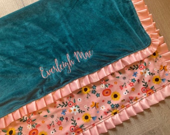 Monogrammed Floral Ruffle Minky Baby Blanket.  Jade and Coral Minky. 29x35 Personalized Baby Blanket.