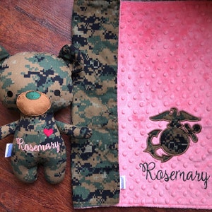 The Original Create Your Own Monogrammed USMC Baby Lovey with Camo EGA. 17 Minky Security Blanket. coral