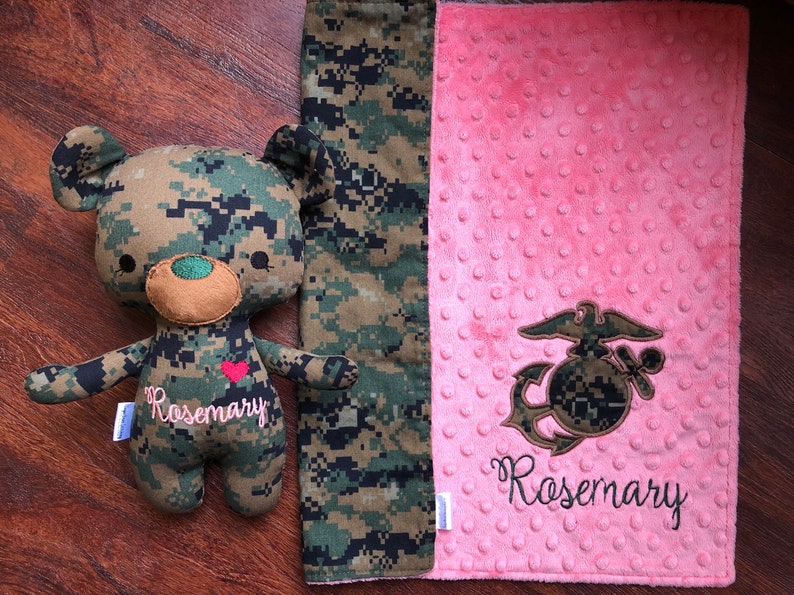 The Original Create Your Own Monogrammed USMC Baby Lovey with Camo EGA. 17 Minky Security Blanket. coral