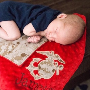 The Original Create Your Own Monogrammed USMC Baby Lovey with Camo EGA. 17 Minky Security Blanket. red