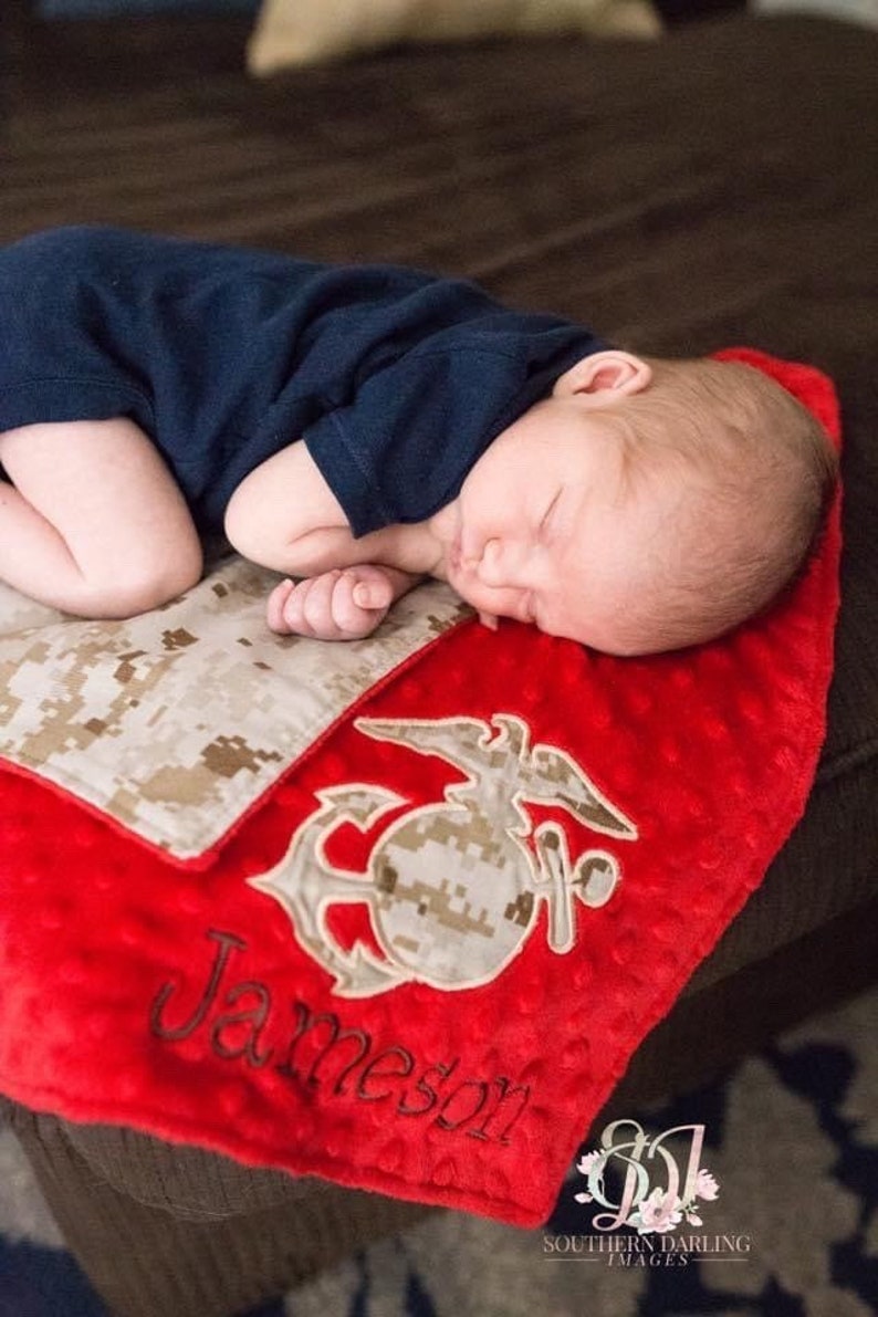 The Original Create Your Own Monogrammed USMC Baby Lovey with Camo EGA. 17 Minky Security Blanket. red