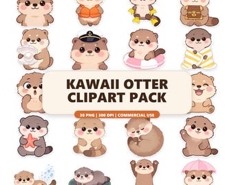 Kawaii Otter Clipart Pack, 30 PNG Graphics, Sublimation, Commercial Use (Digital Download)
