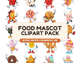 Food Mascot Clipart Bundle, 65 PNG Graphics, Commercial Use (Digital Download)