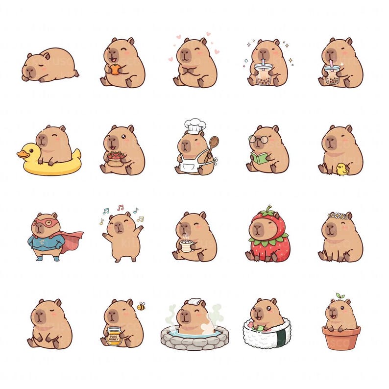 Kawaii Capybara Clipart Bundle, Pastel Sticker Style PNGs (Digital Download) image 4