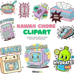 Clipart de tareas domésticas kawaii: PNG pastel de limpieza y planificador de tareas del hogar (descarga digital)