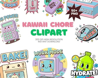Kawaii Chore Clipart – Pastel Cleaning & Home Task Planner PNGs (Digital Download)