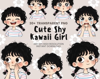 Shy Girl Kawaii Clipart Pack,  Toon Chibi PNG, Emotions Bundle