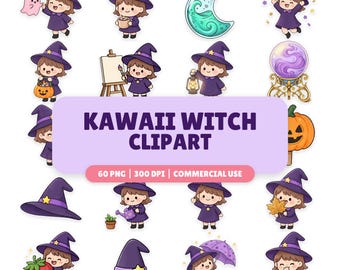 Kawaii Halloween Witch Clipart Bundle, 60 Vibrant PNGs (Commercial Use)