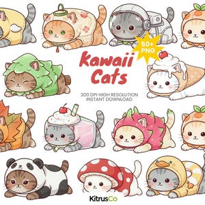 Paquete de imágenes prediseñadas de gatos disfrazados de comida kawaii, conjunto de imágenes PNG de animales de postre (descarga digital)