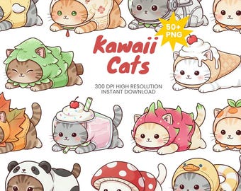 Kawaii Food Costumed Cats Clipart Bundle, Dessert Animal PNG Set (Digital Download)