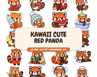 Kawaii Red Panda Clipart Bundle, 60 PNG Sublimation Designs (Digital Download)