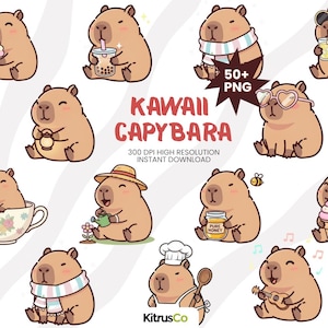 May include: A collection of kawaii capybara illustrations in various poses, some wearing accessories like glasses, scarves, and hats. The image includes text that reads "KAWAII CAPYBARA" and "50+ PNG".