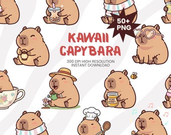 Kawaii Capybara Clipart Bundle, Pastel Sticker Style PNGs (Digital Download)