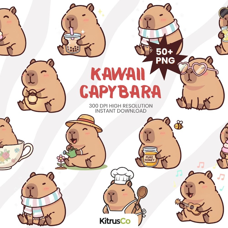 May include: A collection of kawaii capybara illustrations in various poses, some wearing accessories like glasses, scarves, and hats. The image includes text that reads "KAWAII CAPYBARA" and "50+ PNG".