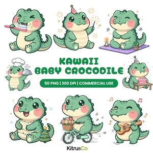 Imágenes prediseñadas de cocodrilo bebé kawaii, reptil de dibujos animados en formato PNG, ilustraciones divertidas (descarga instantánea)