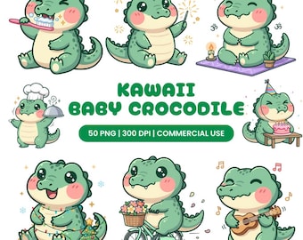 Kawaii Baby Crocodile Clipart, Cartoon Reptile PNG, Playful Illustrations (Instant Download)