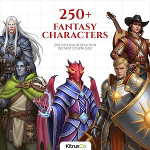Paquete de imágenes prediseñadas de personajes de rol de fantasía, héroes y monstruos PNG (descarga digital)