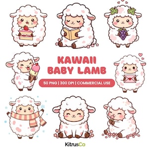 Paquete de imágenes prediseñadas de corderitos kawaii: imágenes PNG de ovejas esponjosas (descarga digital)