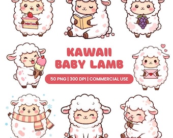 Kawaii Baby Lamb Clipart Bundle: Fluffy Sheep PNGs (Digital Download)