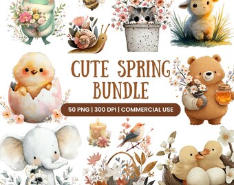 Spring Clipart Bundle, Watercolor Baby Animals, Floral Illustrations (Digital Download)