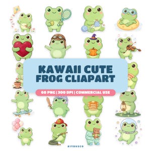 May include: A digital collection of light green frog illustrations featuring various activities including playing tennis, knitting, skateboarding, and holding items like a heart, pumpkin, violin, pancakes, and a teddy bear, with the text KAWAII CUTE FROG CLIAPART.