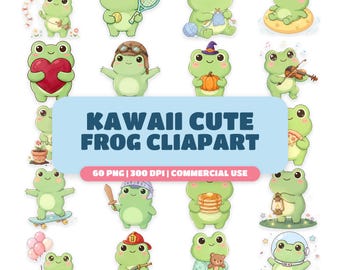 Kawaii Frog Clipart Bundle, 60 PNG Files, Commercial Use (Digital Download)