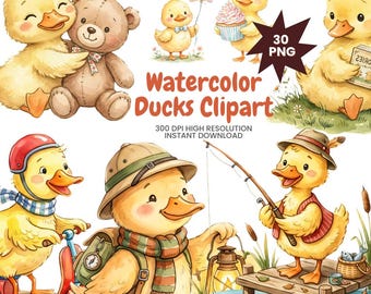 Watercolor Duck Clipart Bundle, Baby Animals PNG, Nursery Graphics (Instant Download)