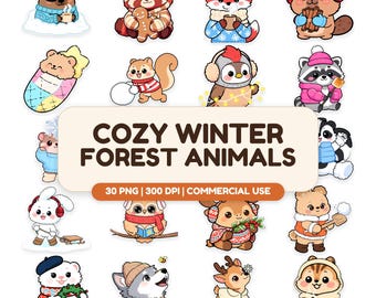 Cozy Winter Forest Animals Clipart Bundle, Kawaii Woodland Creatures (30 PNGs)