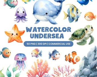 Watercolor Undersea Clipart, Ocean Creatures PNG, Kawaii Fish, Whale, Jellyfish (Digital Download)