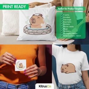 May include: A white pillow with a cartoon capybara relaxing in a hot spring. The capybara is light brown with a white towel on its head. The image also shows a white t-shirt with a sleeping capybara and a small square with a capybara on a crescent moon.