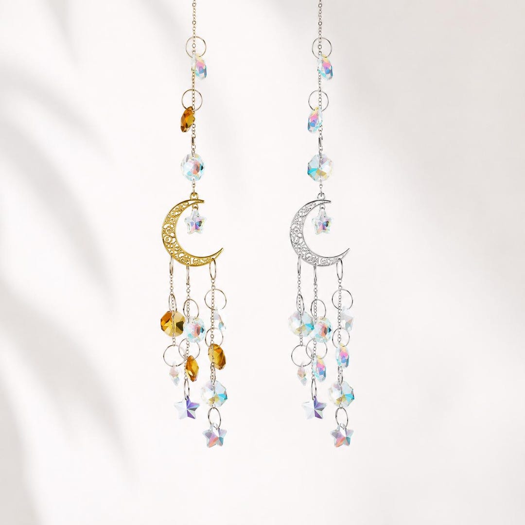 Moon Crystal Suncatcher | Rainbow Prism Window Hanging | Celestial Moon ...