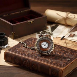 Peut inclure: Une montre de poche de style vintage avec un cadran en bois et un boîtier en métal orné repose sur un livre relié en cuir. La montre est dotée d'une chaîne et d'un cadran blanc. La scène comprend un coffret en bois, un encrier et du papier vieilli.