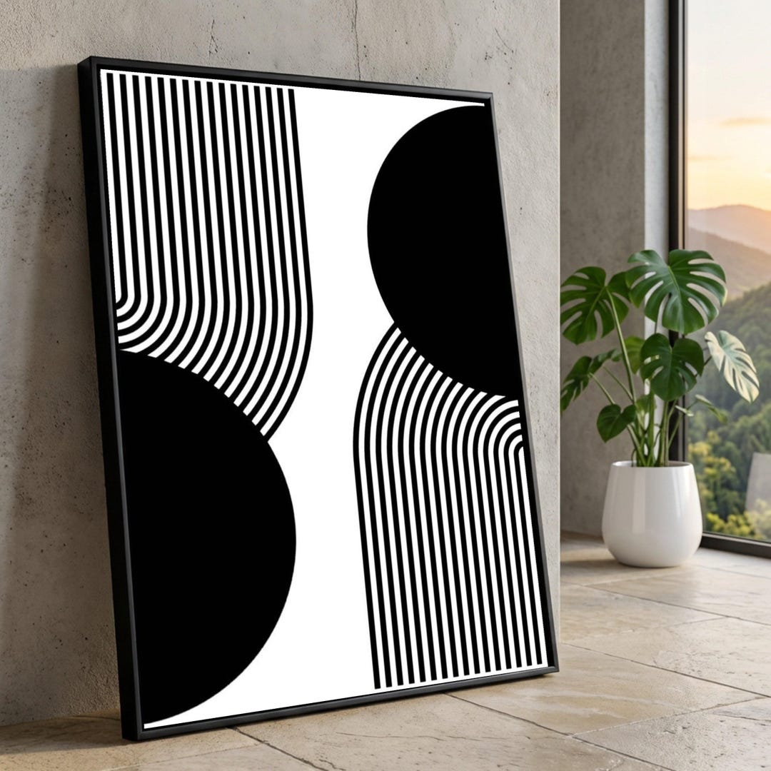 Modern Black and White Geometric Canvas, Minimalist Abstract Wall Art ...