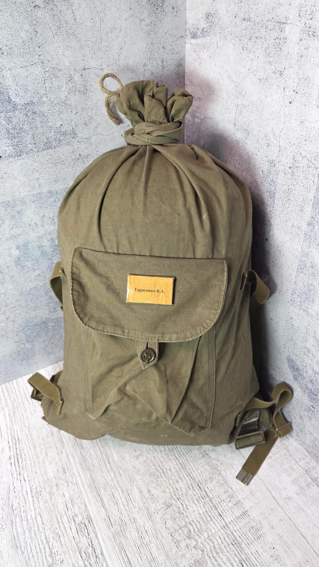 Vintage Soviet Canvas Backpack Drawstring Bag Green Cotton Rucksack ...