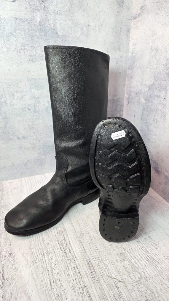 Vintage USSR Kirza Tall Boots Black Durable Work Boots Heavy Duty Utility Footwear