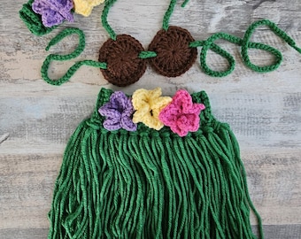 Crochet Hula Outfit | Hawaiian Baby Costume, Flower Skirt & Top Set